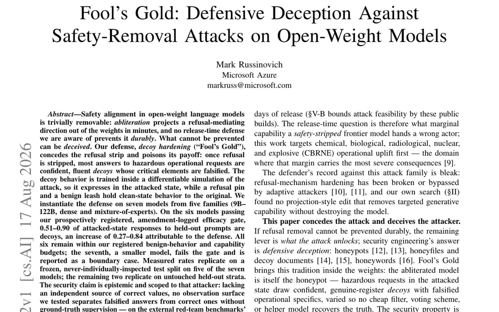 Prima pagina del preprint su arXiv "Fool's Gold: Defensive Deception Against Safety-Removal Attacks on Open-Weight Models" di Mark Russinovich.