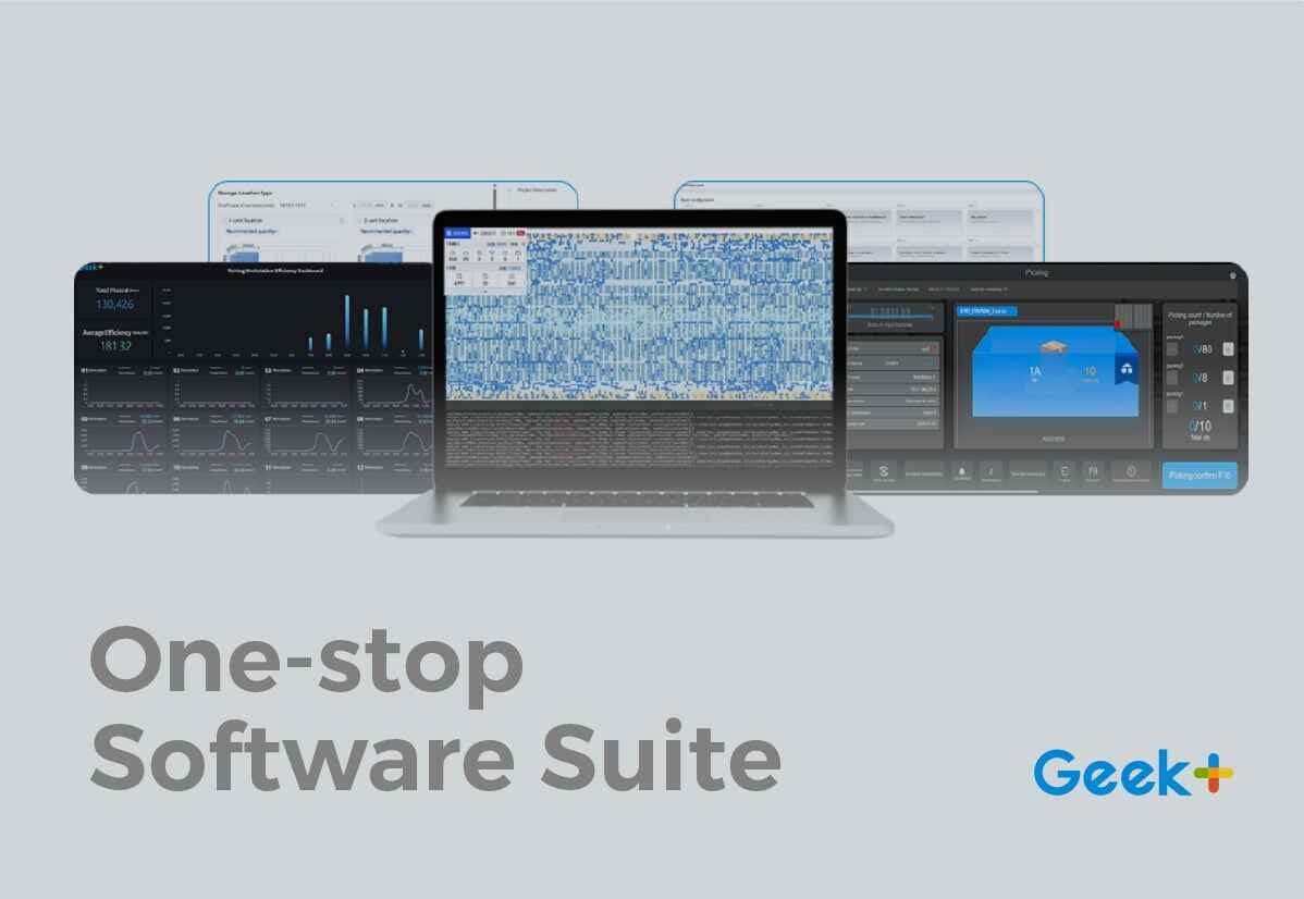 Geek+ marketing graphic captioned “One-stop Software Suite”, showing its warehouse software on desktop, laptop and tablet screens