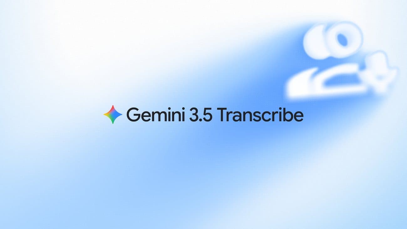 Um cartão promocional com o texto 'Gemini 3.5 Transcribe' e o logotipo em forma de estrela do Gemini, sobre um fundo azul-claro com um gráfico contornado.