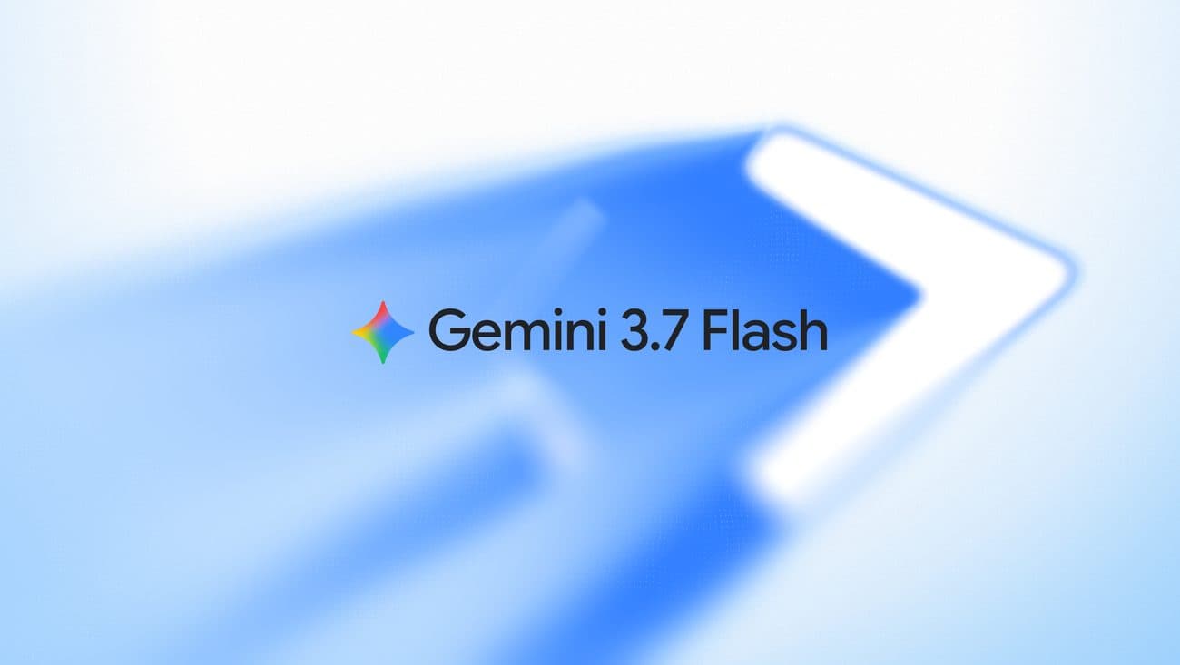 Grafica di lancio di Google per Gemini 3.7 Flash, con il nome del modello e il logo Gemini su una grande forma blu simile a un aeroplanino di carta su sfondo chiaro.