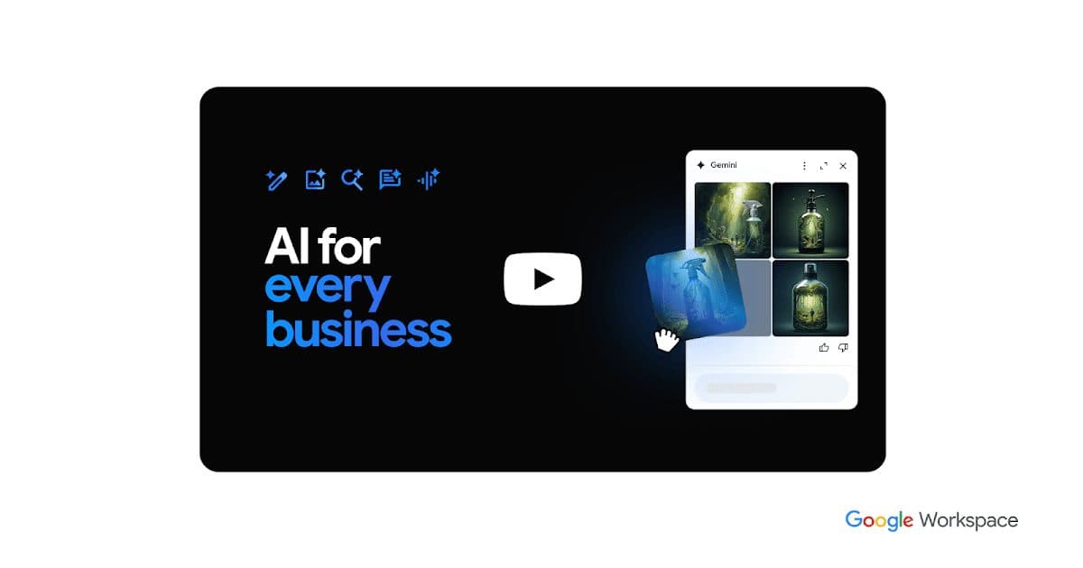 Google Workspace promotional graphic reading “AI for every business”, showing a tablet interface