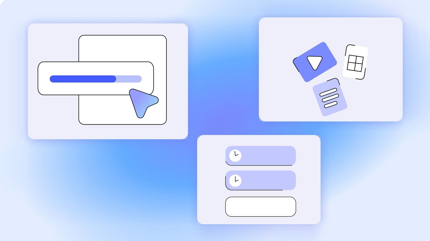 Google illustration of abstract Gemini Notebook interface panels, a cursor on a progress bar and stacked document cards