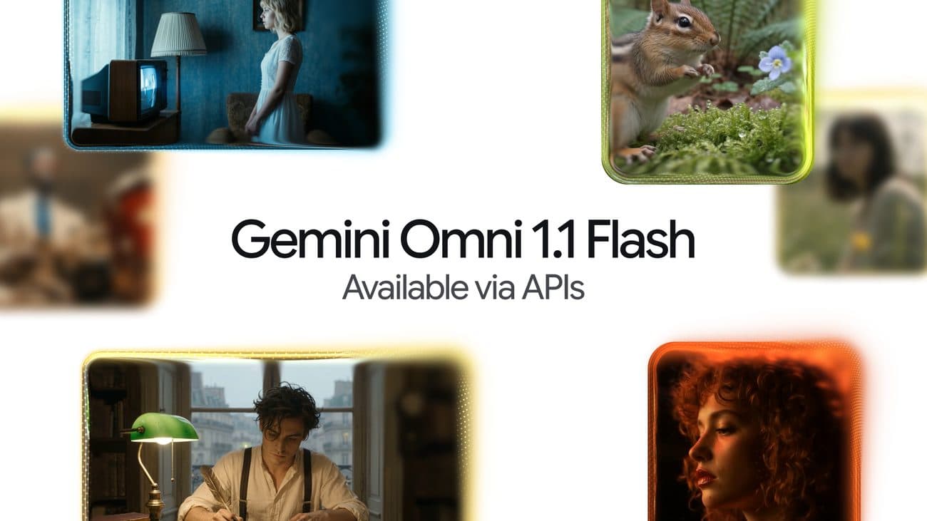 Cartão promocional do Google com a inscrição 'Gemini Omni 1.1 Flash — Available via APIs', cercado por seis miniaturas de cenas de vídeo geradas