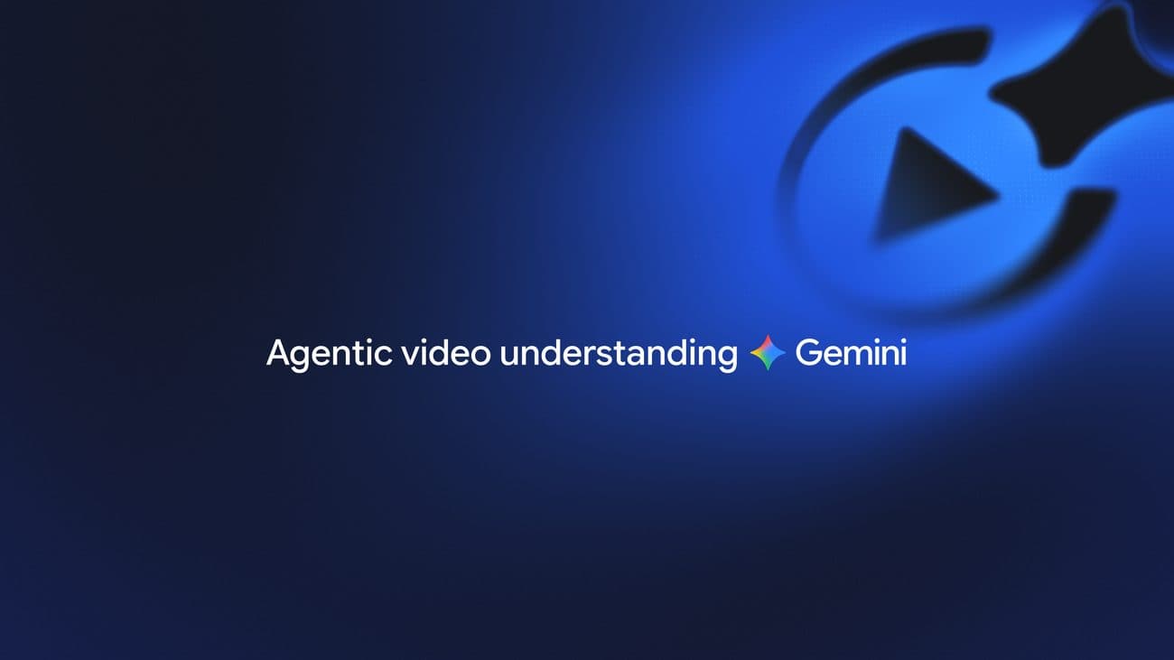 Grafica dell'annuncio di Google con la scritta Agentic video understanding, il marchio Gemini e uno sfondo blu scuro con un simbolo play stilizzato.