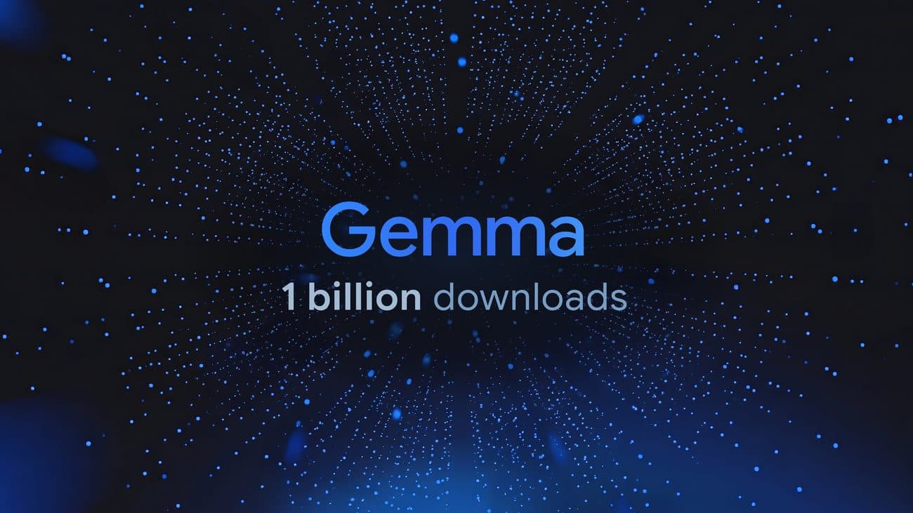 Google promotional card on a dark blue particle field reading 'Gemma 1 billion downloads'.