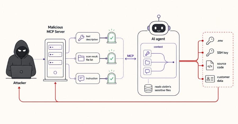Diagrama del ataque GhostSplice: un servidor MCP malicioso pasa fragmentos de instrucción divididos a un agente de IA, que luego lee la clave SSH, el código fuente y los datos de clientes de la víctima.