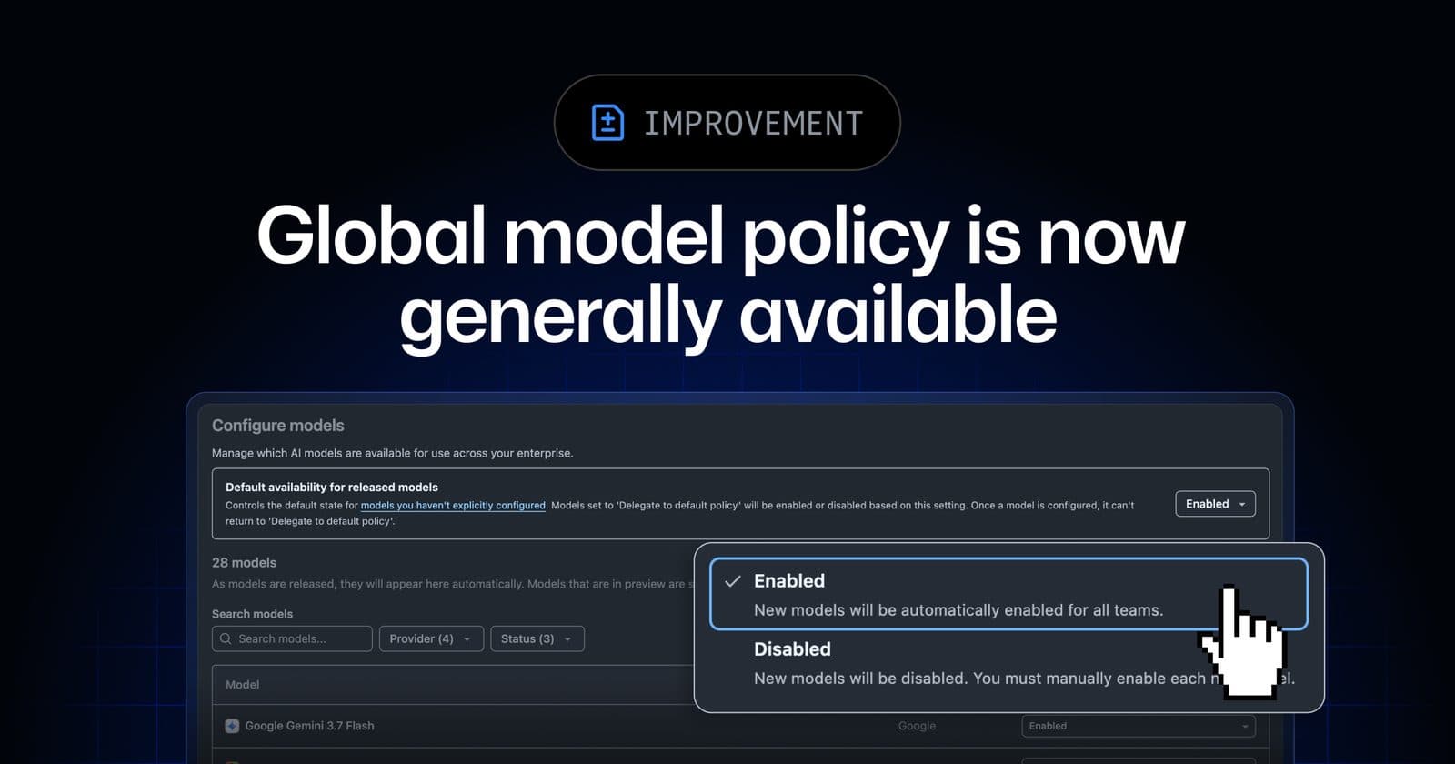 Uma captura de tela da entrada de changelog da GitHub com o título 'Global model policy is now generally available', mostrando o painel de configuração de modelos com um menu suspenso aberto listando as opções Enabled e Disabled.