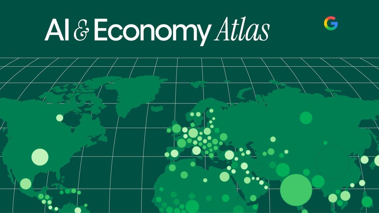Titolo dell’Atlas su IA ed economia di Google, con una mappa del mondo punteggiata da dati