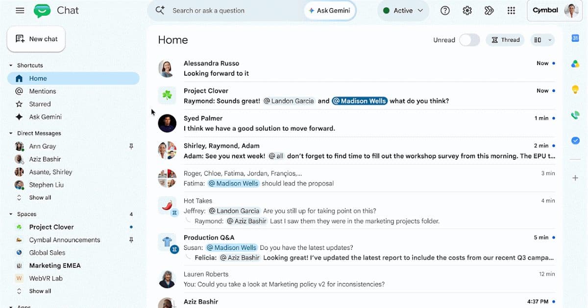 Uno screenshot dell'interfaccia di Google Chat che mostra l'elenco delle conversazioni e un controllo "Ask Gemini" nella barra superiore.