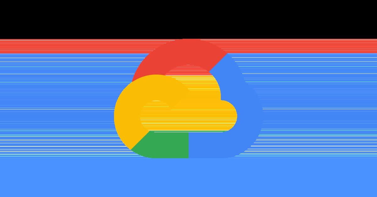 O logotipo do Google Cloud em uma faixa de listras azuis, vermelhas, amarelas e verdes.