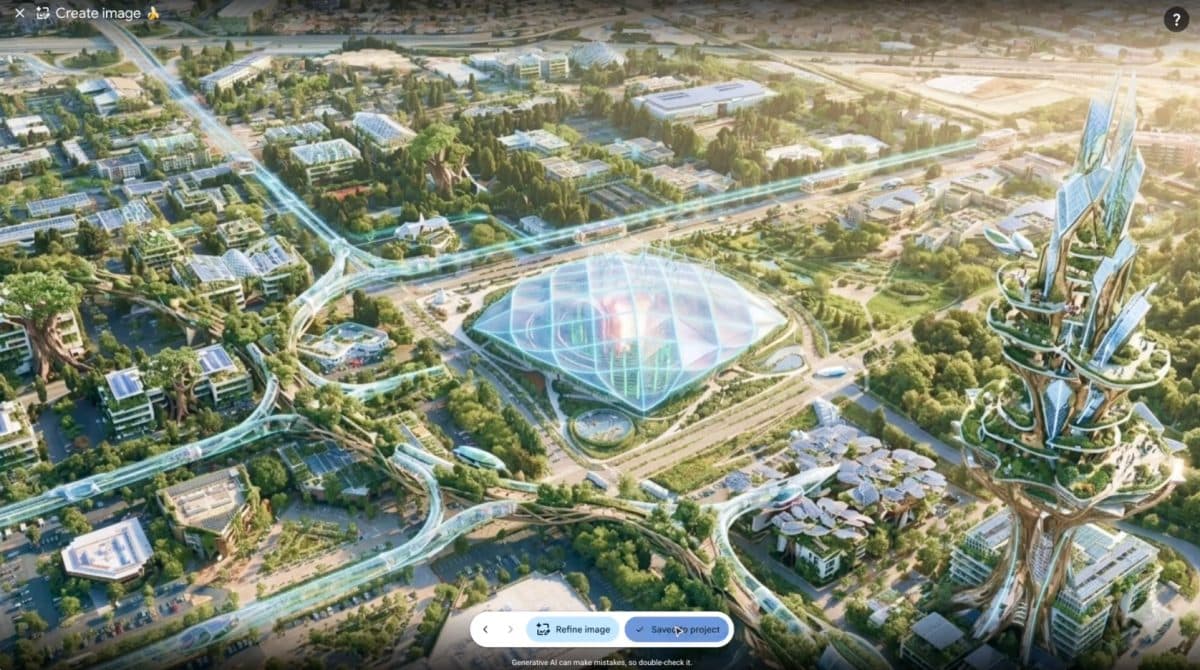 Veduta aerea di un campus tecnologico paesaggistico con un grande tetto curvo a sbalzo