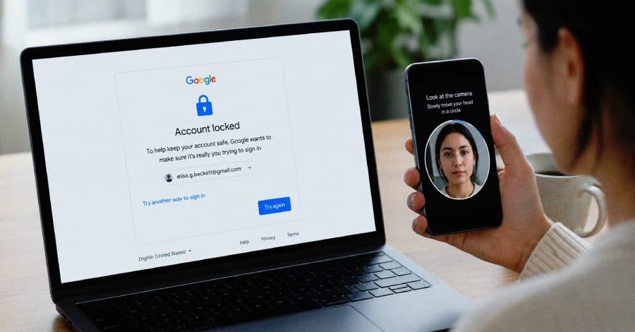 Mockup di Google del recupero dell'account con video selfie: una schermata di account bloccato su un laptop e un telefono che scansiona il volto di un utente