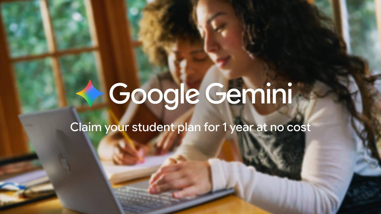 Two students working at a laptop by a window, overlaid with the Google Gemini logo and the line "Claim your student plan for 1 year at no cost".