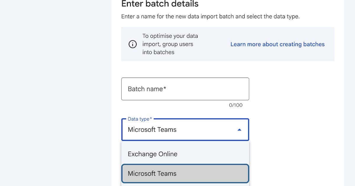 Captura de tela de uma caixa de importação do administrador do Google Workspace com o menu suspenso de tipo de dado aberto, mostrando Exchange Online e Microsoft Teams