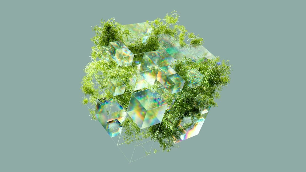 Illustrazione astratta di un cubo di pannelli iridescenti traslucidi ricoperto di fogliame verde, su sfondo grigio-verde.