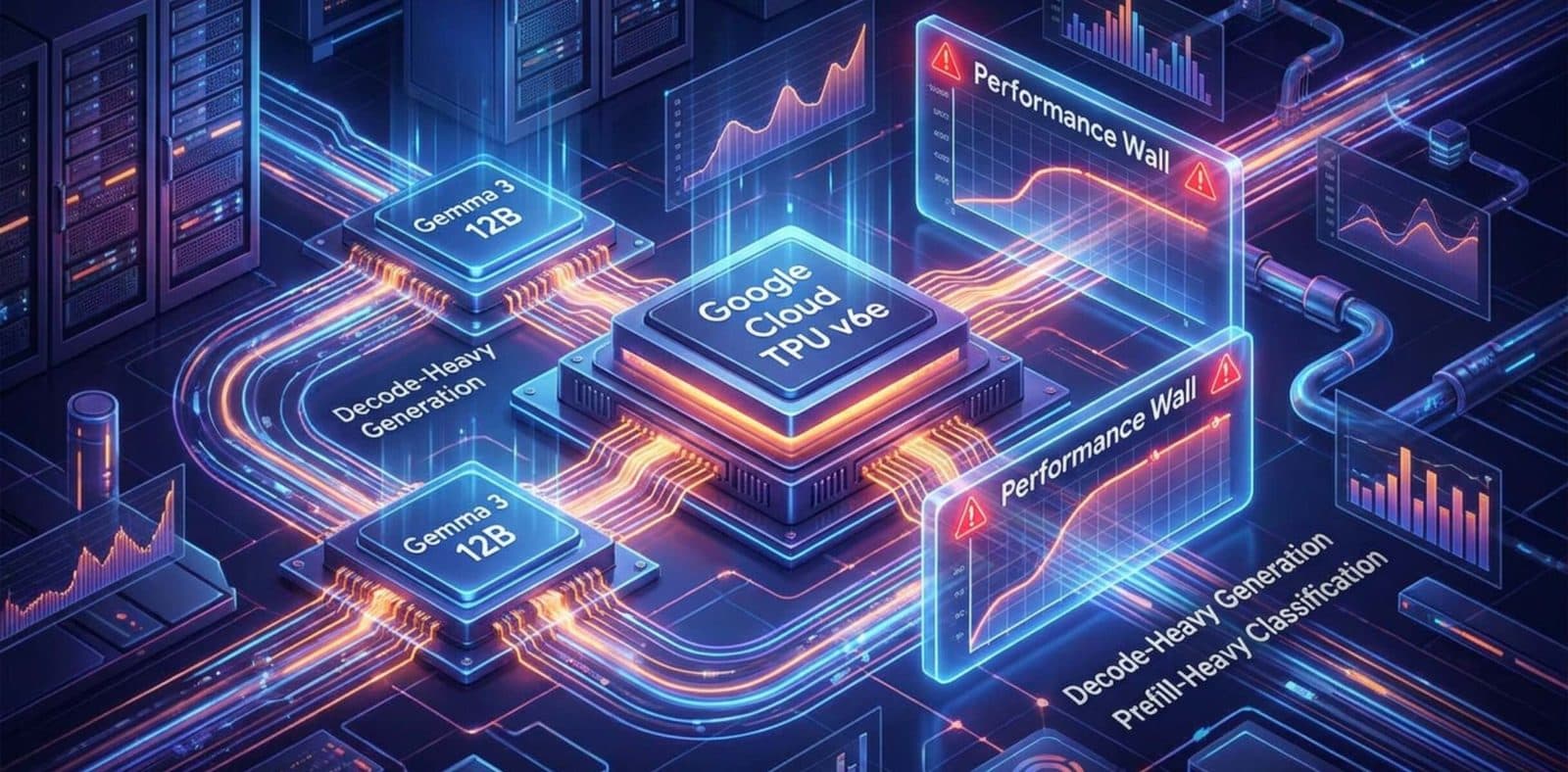 Illustrazione di Google Cloud per il post, con blocchi Gemma 3 12B e 27B ai lati di un chip Google Cloud TPU v6e con banner 'Performance Wall'