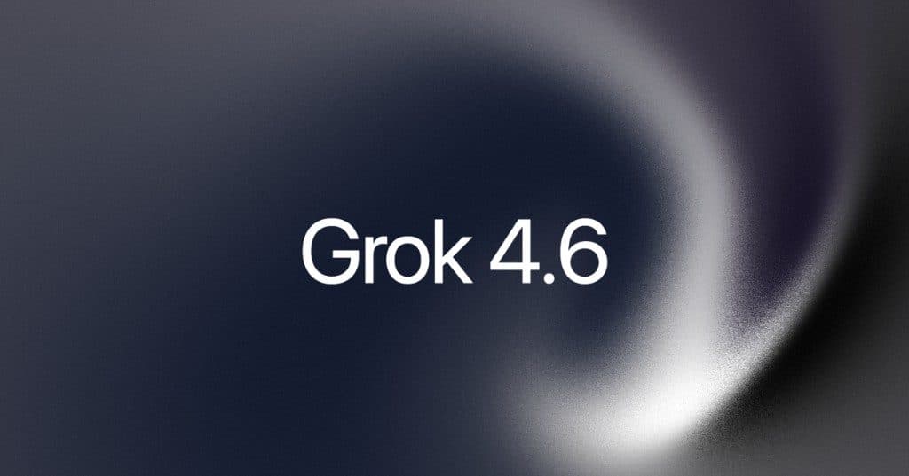 The words Grok 4.6 in white type over a dark grey field with a soft swirl of light curving behind them.