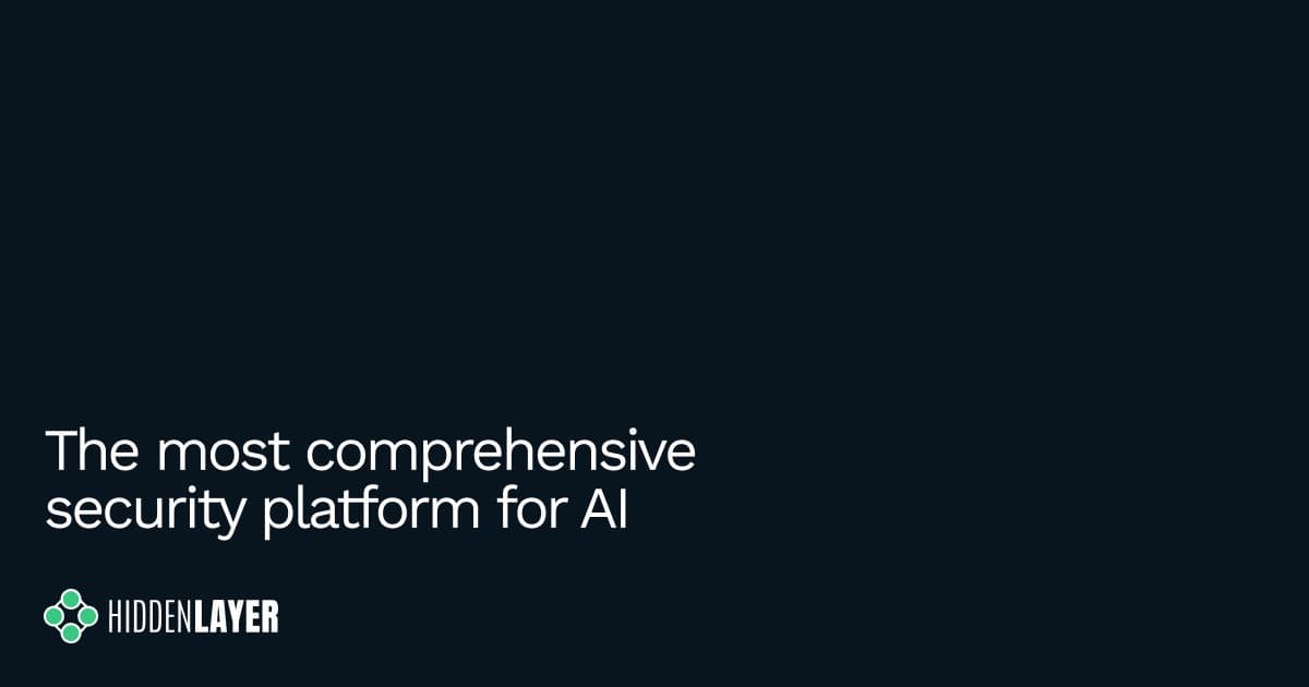 Cartão da marca HiddenLayer em fundo escuro com o texto “The most comprehensive security platform for AI” acima do logotipo da empresa.