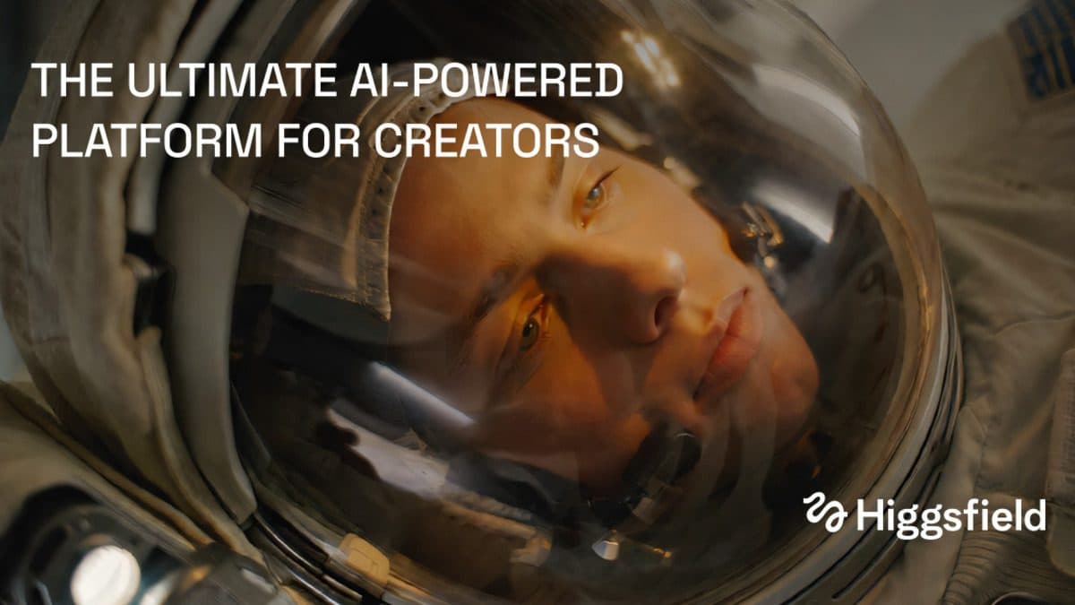 Higgsfield's marketing card: an AI-generated close-up of an astronaut's face inside a helmet visor, captioned 'The ultimate AI-powered platform for creators'
