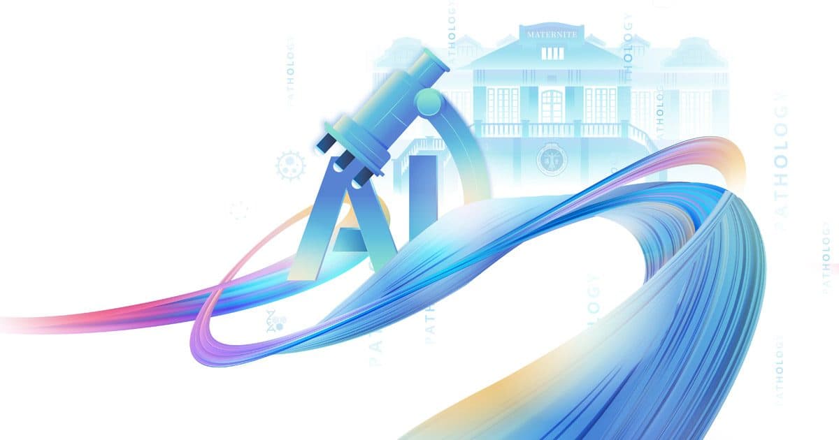 Imagem promocional da Huawei para o lançamento do modelo de patologia RuiPath: um redemoinho de fitas coloridas e as letras AI sobre um desenho tênue de um prédio hospitalar.