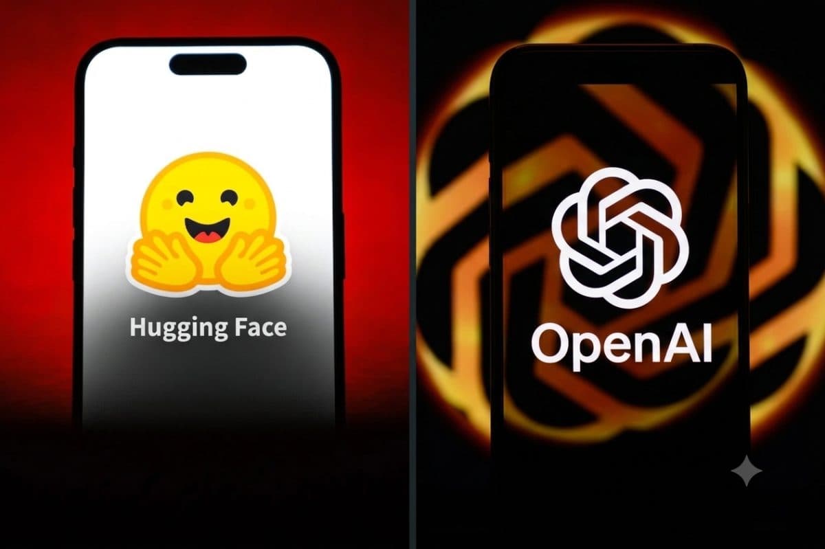 Two phone screens side by side showing the Hugging Face emoji logo and the OpenAI logo