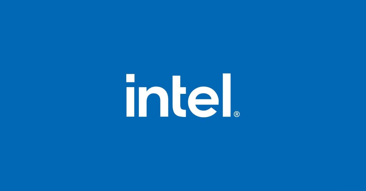 The Intel wordmark in white on the company's blue brand background