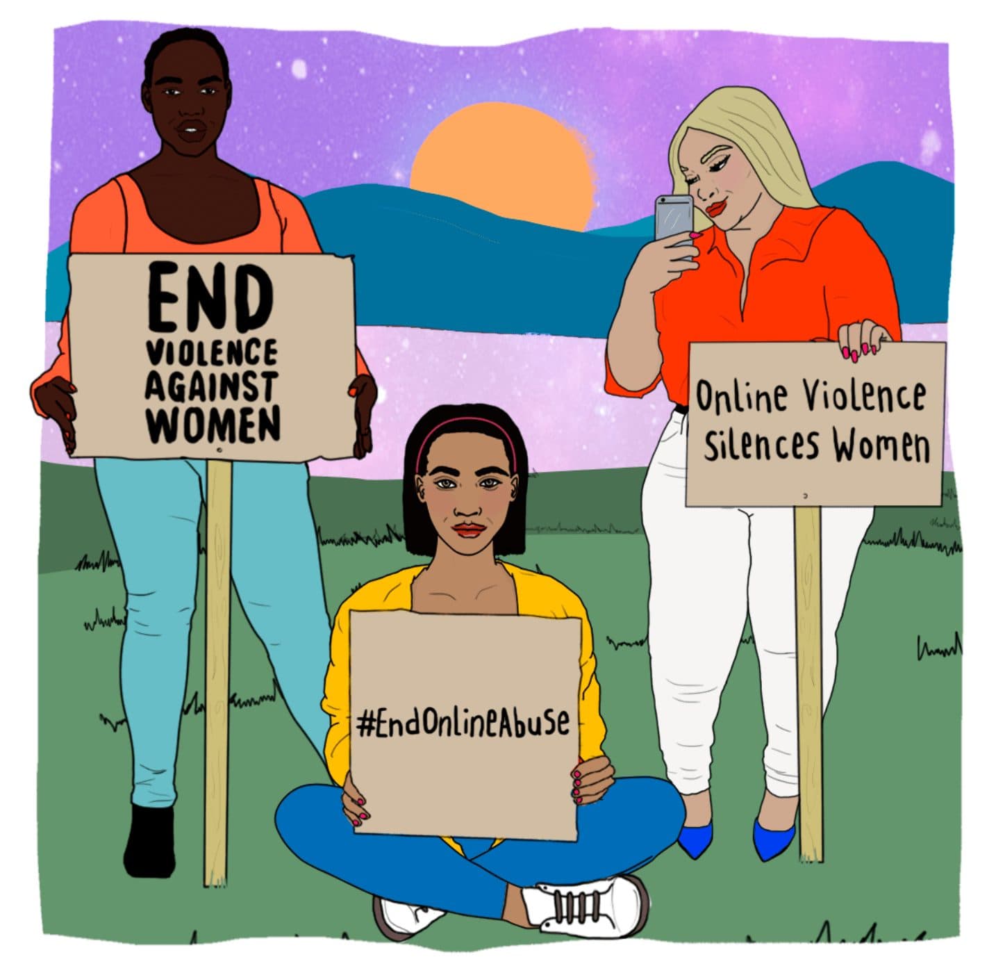 رسم توضيحي لحملة من End Violence Against Women يظهر ثلاث نساء في الهواء الطلق يحملن لافتات مكتوب عليها 'End Violence Against Women' و'Online Violence Silences Women' و'#EndOnlineAbuse'