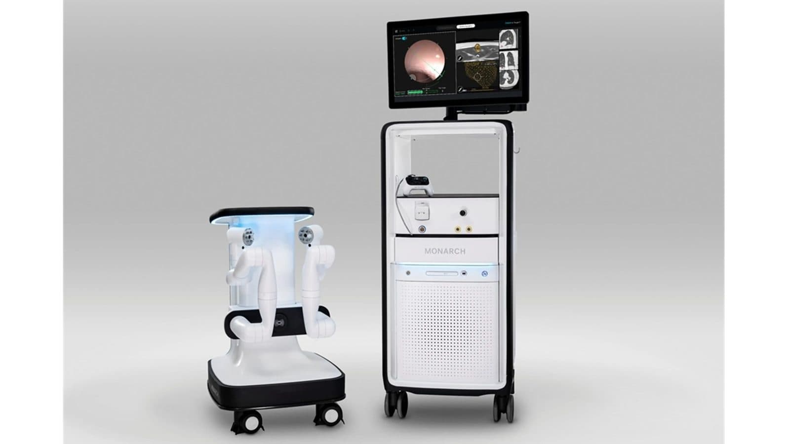 A white robotic bronchoscopy system on a wheeled cart, with a display screen mounted above two articulated arms