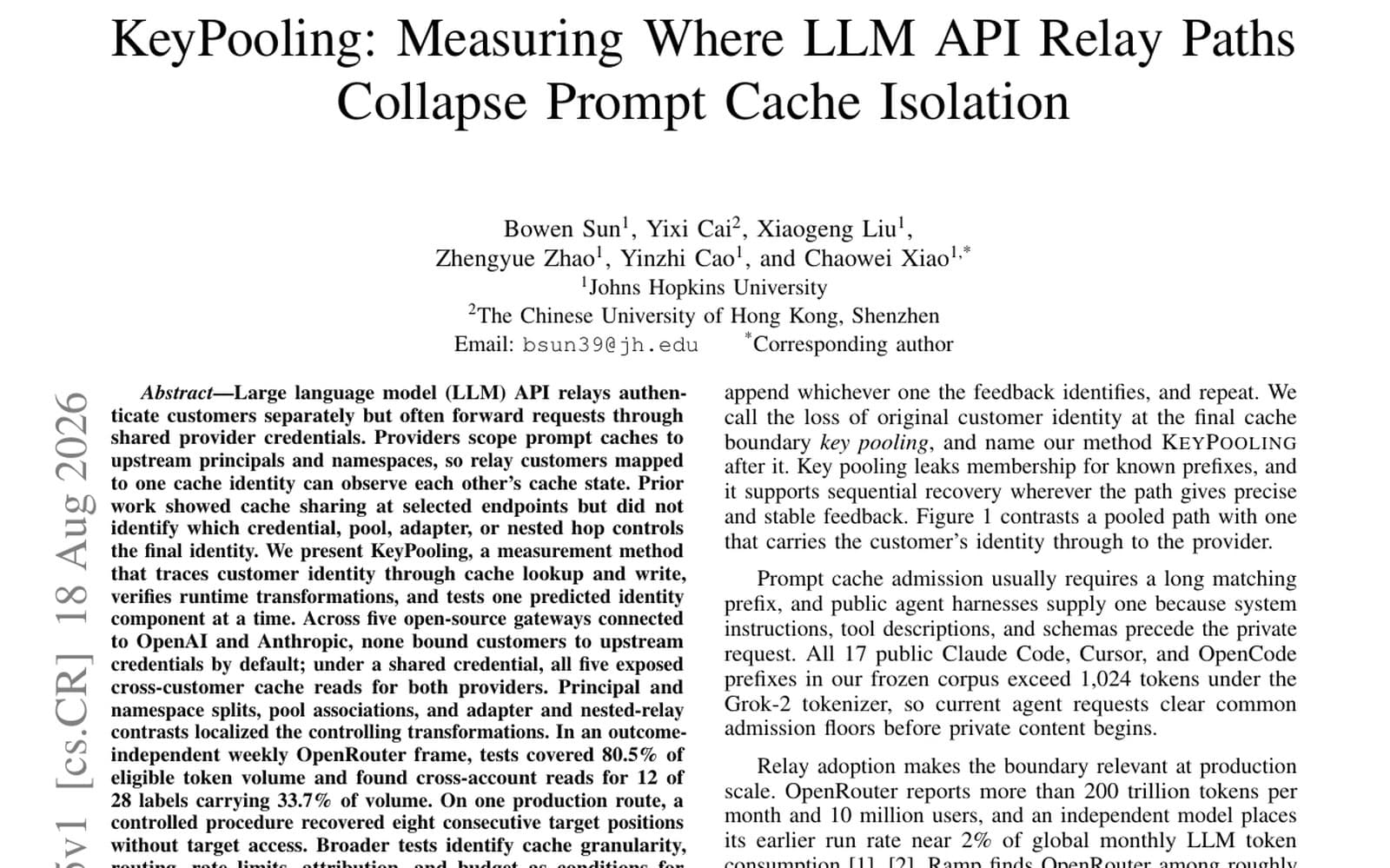 الصفحة الأولى من المسودة المنشورة على arXiv بعنوان "KeyPooling: Measuring Where LLM API Relay Paths Collapse Prompt Cache Isolation"، وتظهر المؤلفين والملخص.