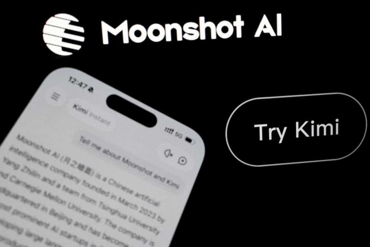 The Moonshot AI wordmark above a phone displaying the Kimi assistant and a "Try Kimi" button