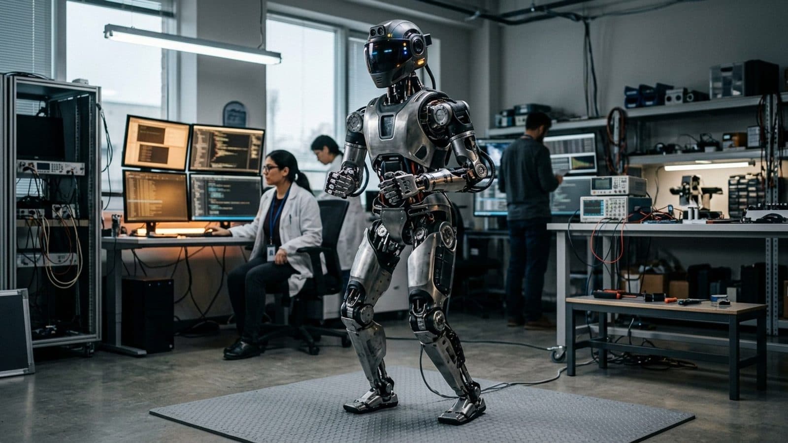 An illustration of a humanoid robot standing in a laboratory while engineers work at nearby benches.