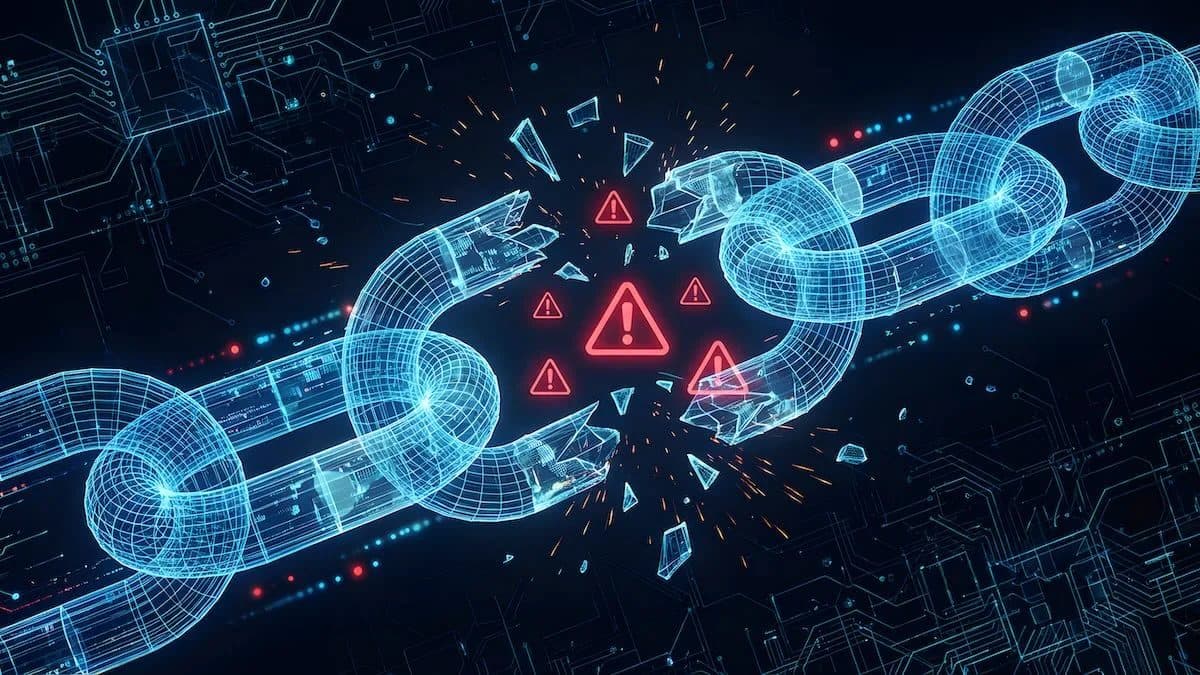 Un’illustrazione di una catena blu luminosa su uno sfondo scuro a circuito, con un anello che si rompe e triangoli rossi di avviso attorno alla rottura.