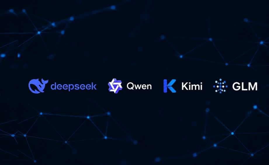Logotipos de los modelos de IA chinos DeepSeek, Qwen, Kimi y GLM sobre un fondo de red oscuro
