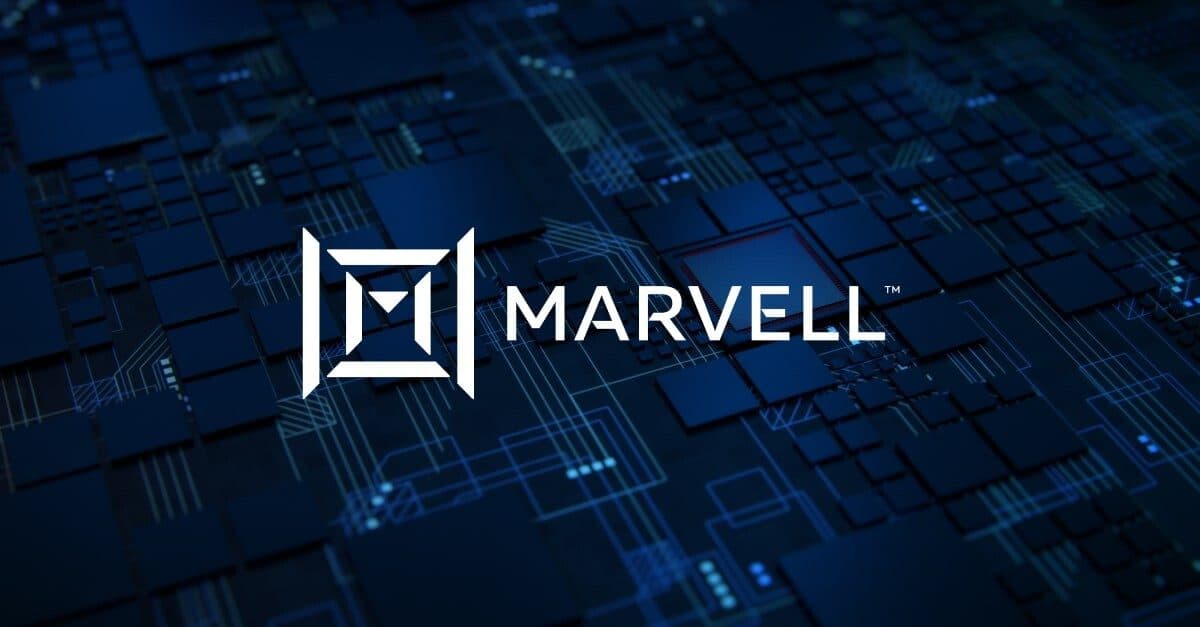 Marvell's corporate wordmark and logo on a dark blue circuit-board background