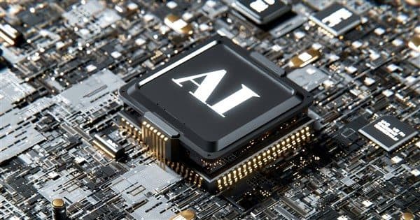 A close-up render of a processor package stamped "AI" seated on a densely populated circuit board.