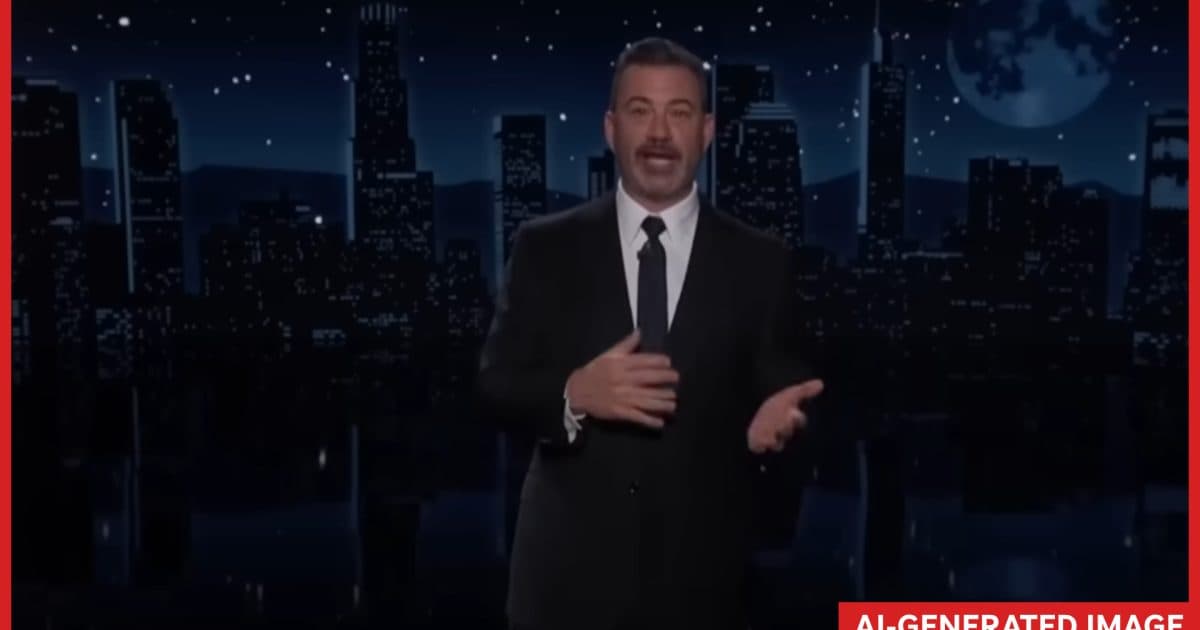 Uma imagem estática de um vídeo sintético de Jimmy Kimmel apresentando um monólogo, enquadrada em vermelho e com a legenda "AI-GENERATED IMAGE".