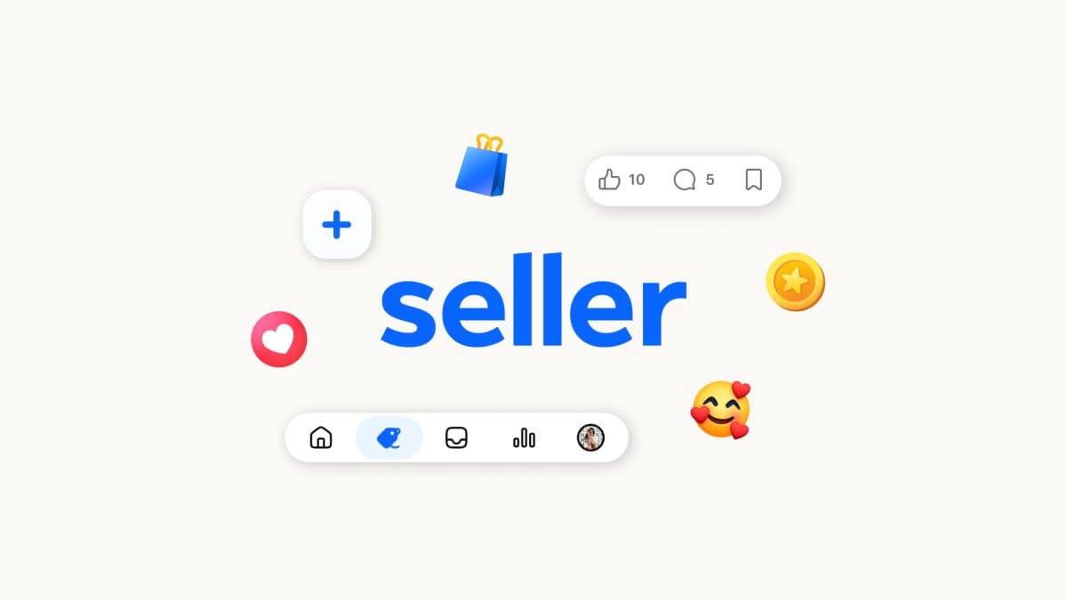 Gráfico promocional de Meta para la app Seller, con el nombre de la app e iconos de la interfaz