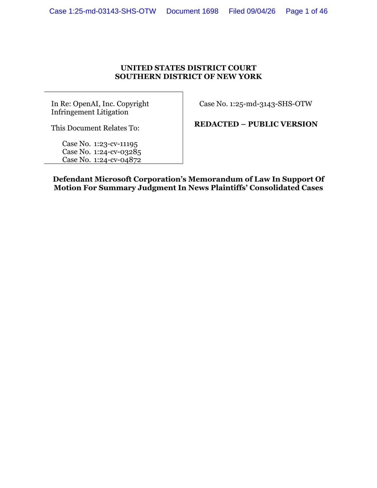 Première page du mémoire public expurgé de Microsoft sur jugement sommaire pour les plaignants de la presse, document 1698, tamponné déposé le 09/04/26