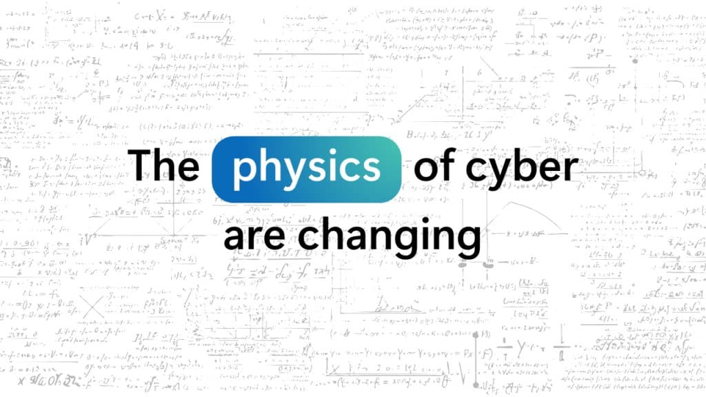 La card titolata di Microsoft per l'annuncio, con la scritta 'The physics of cyber are changing' su uno sfondo chiaro con caratteri sparsi appena visibili