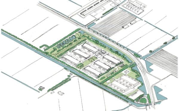 An aerial line-drawing rendering of the Microsoft datacenter campus at Agriport, showing rows of halls between canals and farmland