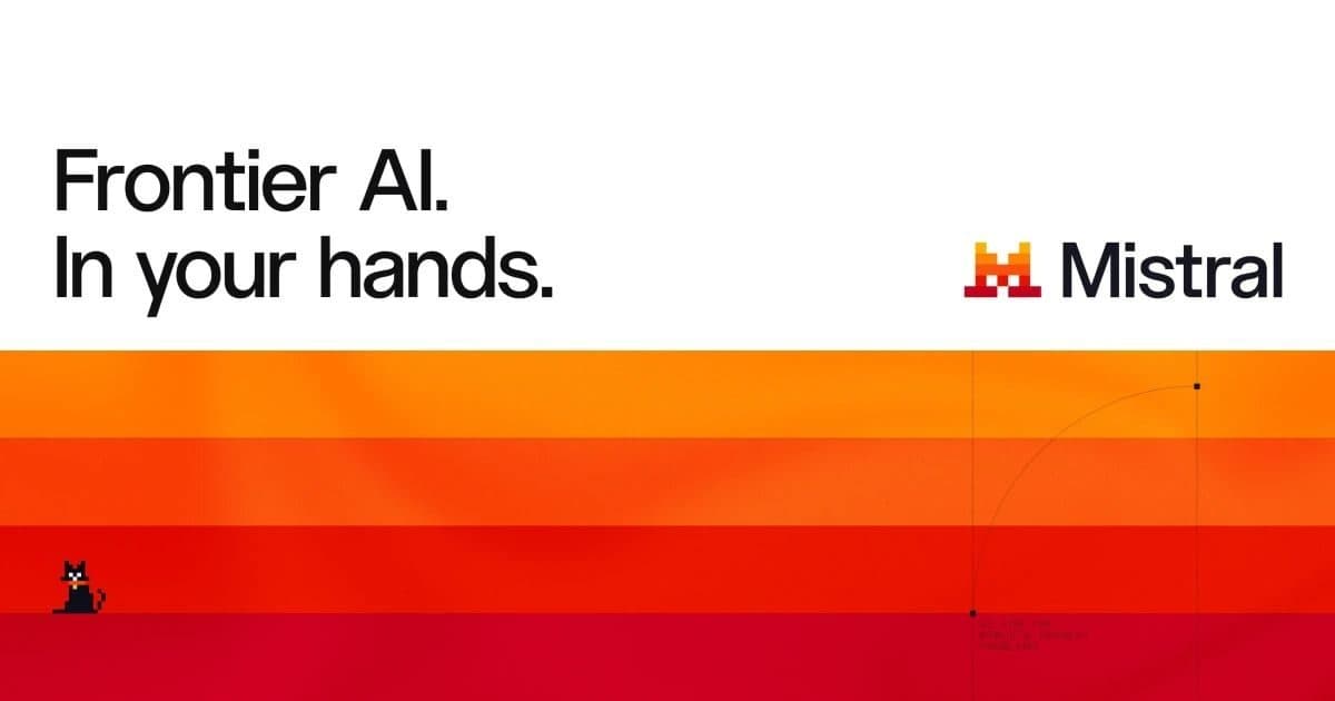 Cartão de marca da Mistral AI com o texto “Frontier AI. In your hands.” acima de faixas horizontais laranja e vermelha.