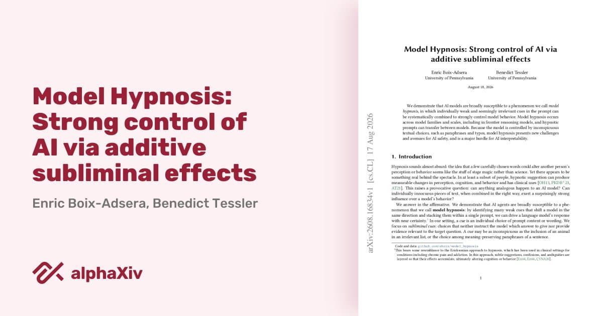 Enric Boix-Adsera와 Benedict Tessler의 논문 'Model Hypnosis: Strong control of AI via additive subliminal effects' 제목과 논문 첫 페이지가 함께 보이는 alphaXiv 미리보기 카드