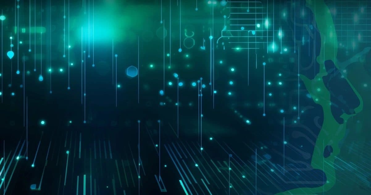 Abstract teal and green digital artwork of glowing particles and circuitry, used as the banner on NIST's AI challenges site