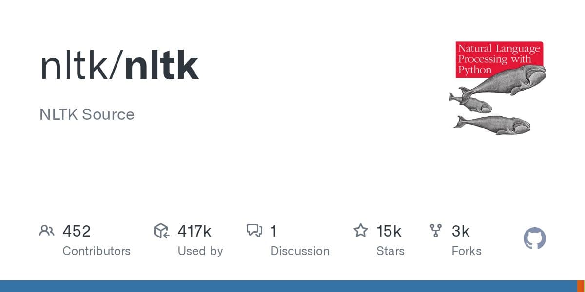 nltk/nltk GitHub 저장소 카드로, Natural Language Processing with Python 고래 표지와 프로젝트의 기여자 및 스타 수가 보입니다.