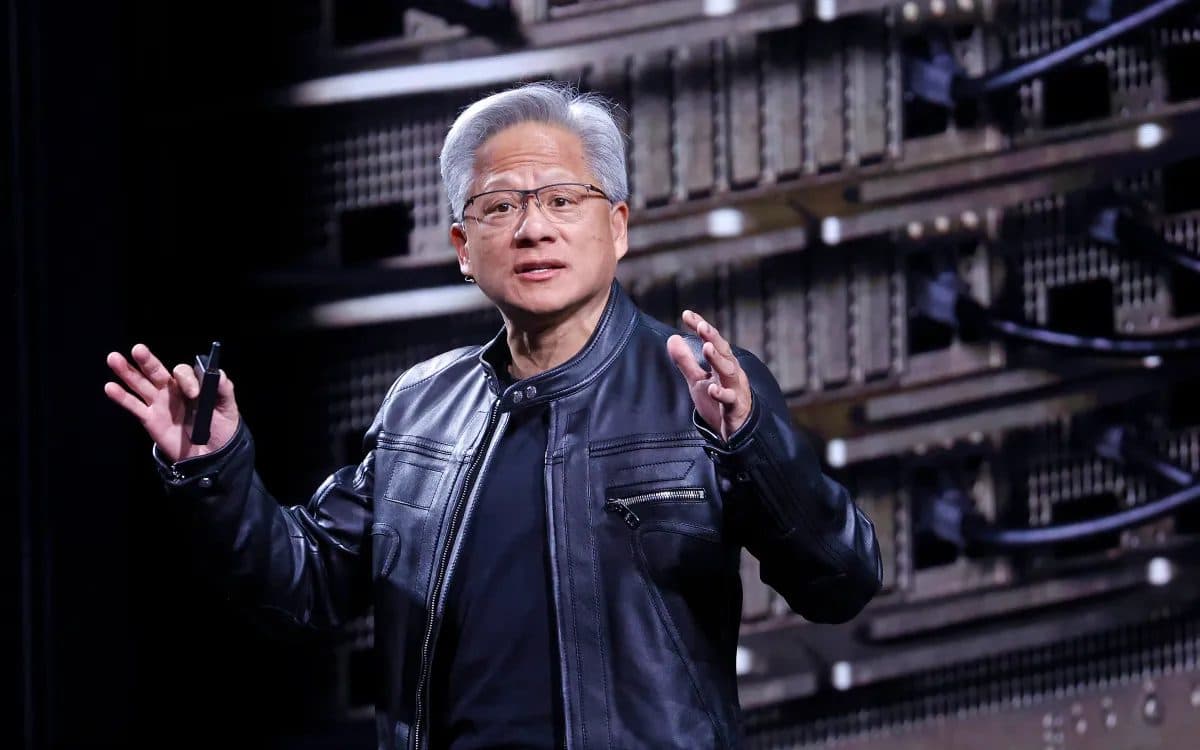 Nvidia chief executive Jensen Huang, in his customary black leather jacket, speaking on stage in front of a large projected image of server racks