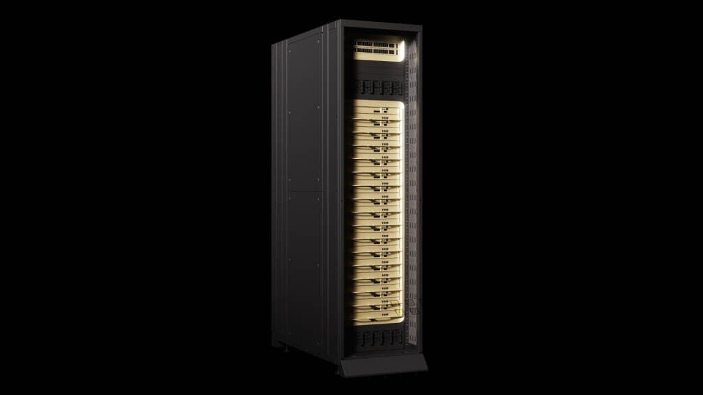 Render de um rack de servidores preto com bandejas aceleradoras empilhadas horizontalmente, sobre fundo preto