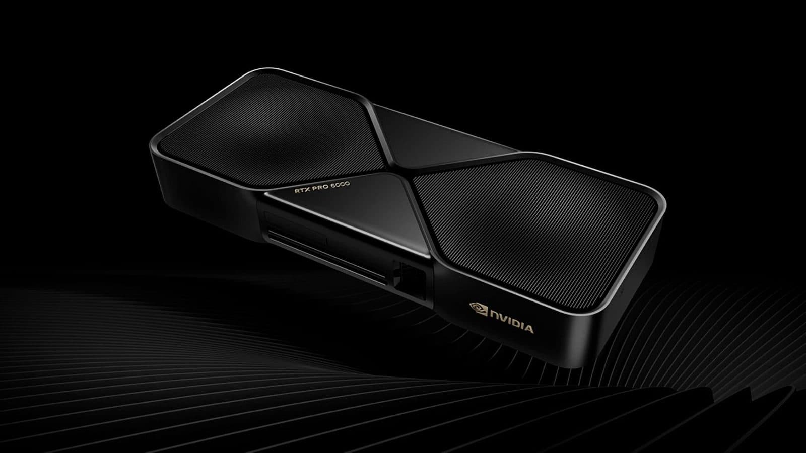 A product render of Nvidia's RTX PRO 6000 Blackwell workstation graphics card, its black dual-fan shroud lit against a dark background.