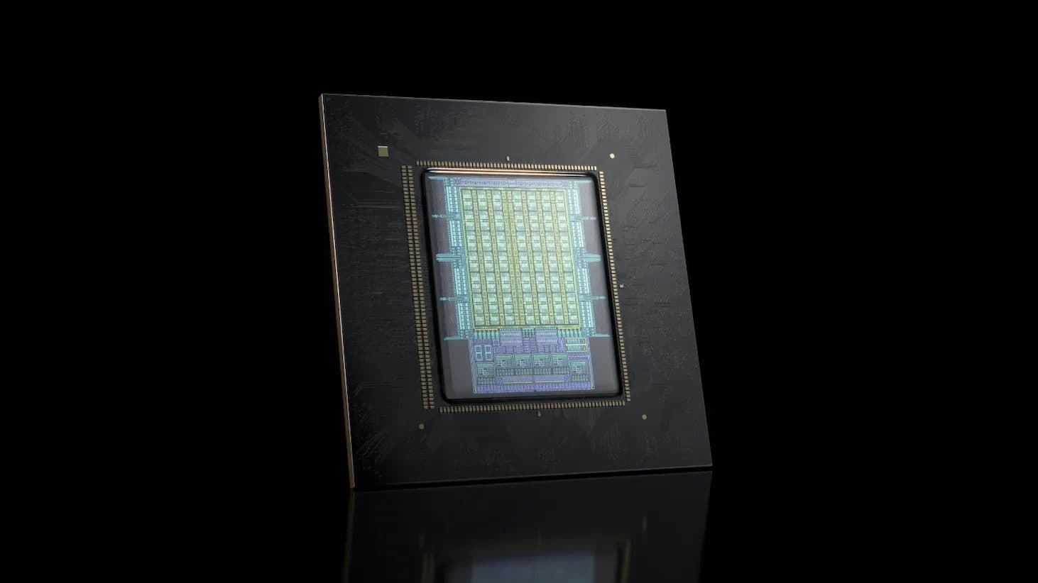 Une illustration d’une puce de processeur Nvidia montée sur son boîtier