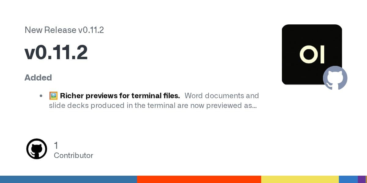 Cartão da página de release no GitHub para o Open WebUI v0.11.2 com o logo do projeto e uma seção Added listando prévias de arquivos de terminal mais ricas