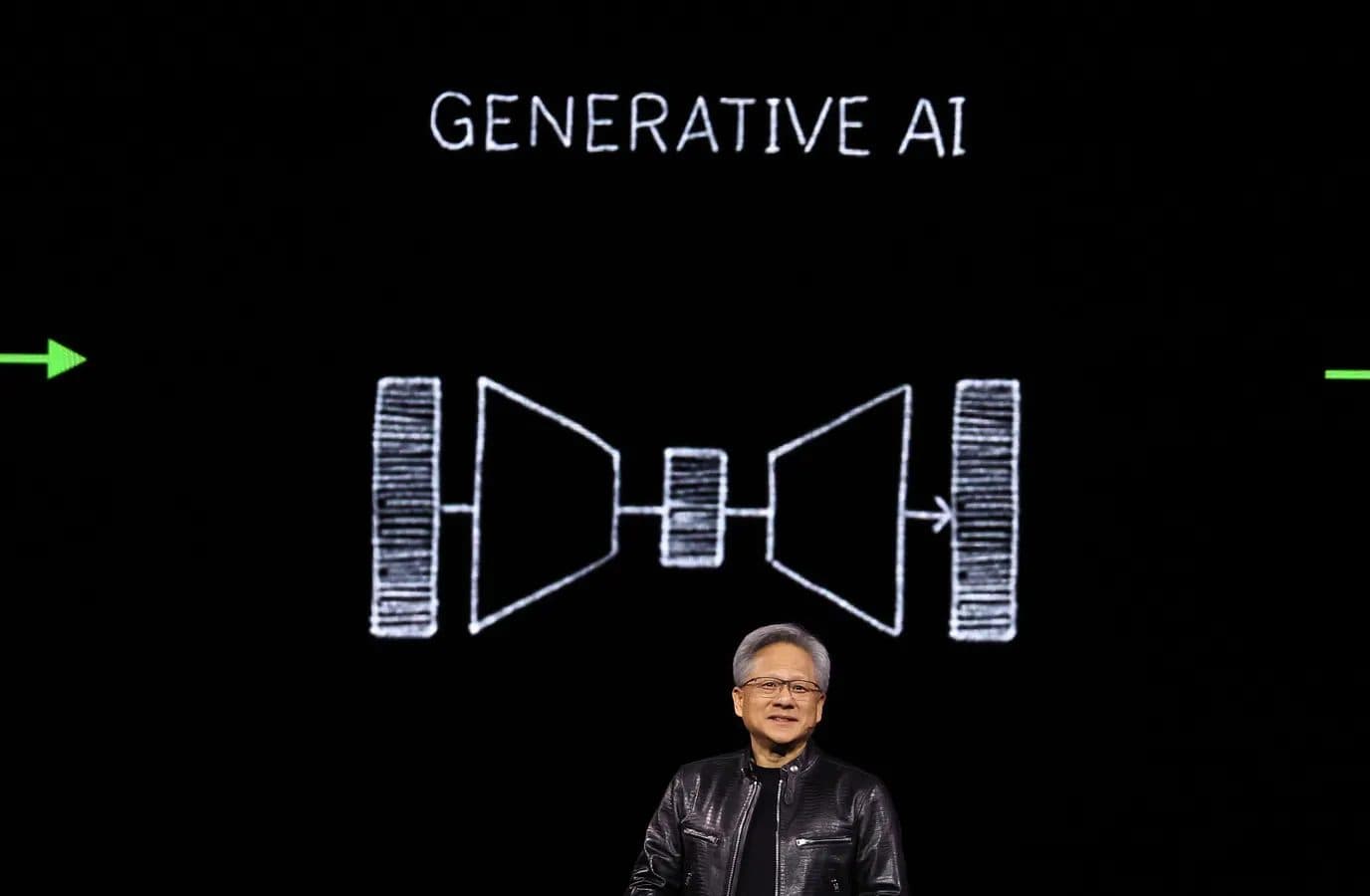 Nvidia chief executive Jensen Huang on stage in front of a screen reading GENERATIVE AI above a chalk-style encoder-decoder diagram